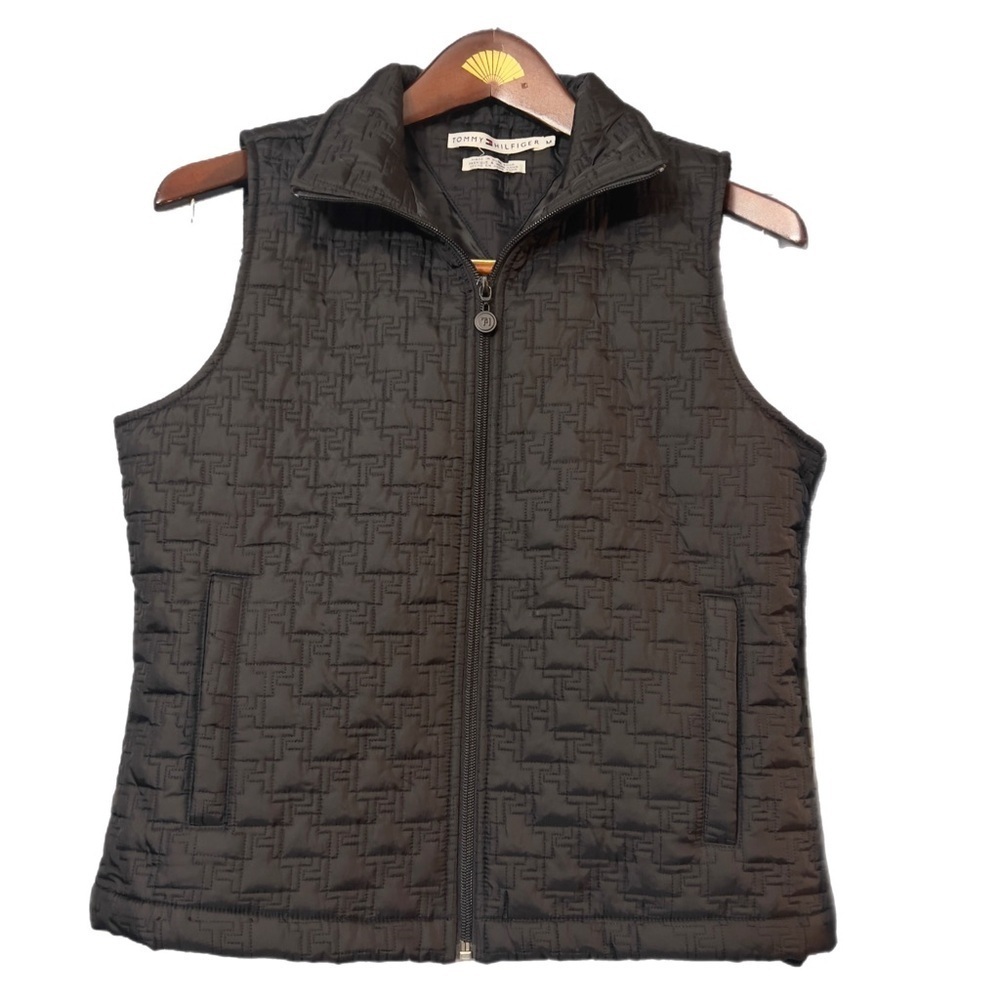 Vintage Tommy Hilfiger Vest Jacket MEDIUM Sleeveless Vest Black TH Quilted Zip